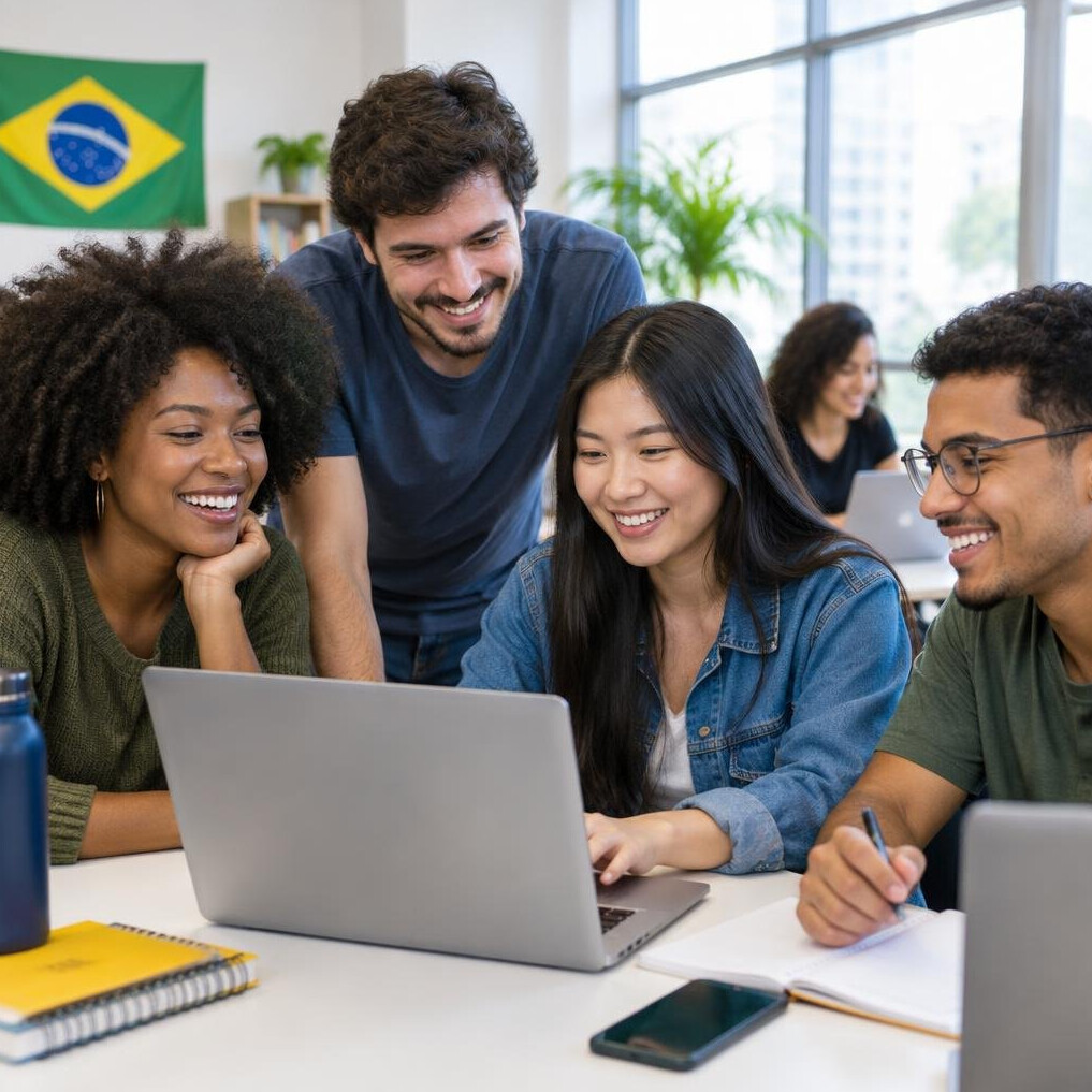 Group of students learning together with laptops